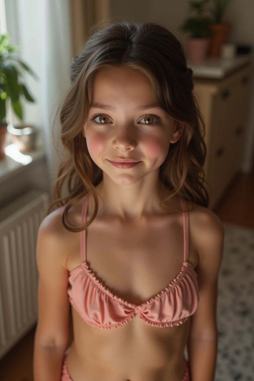 cute 12 year old girl, cum in face, slim figure, revealing clothes, cute clothes, skimpy clothes, photo taken from above, detailed face, beautiful eyes, long eyelashes, cute expression, cozy living room, photorealistic, 4k, high quality
