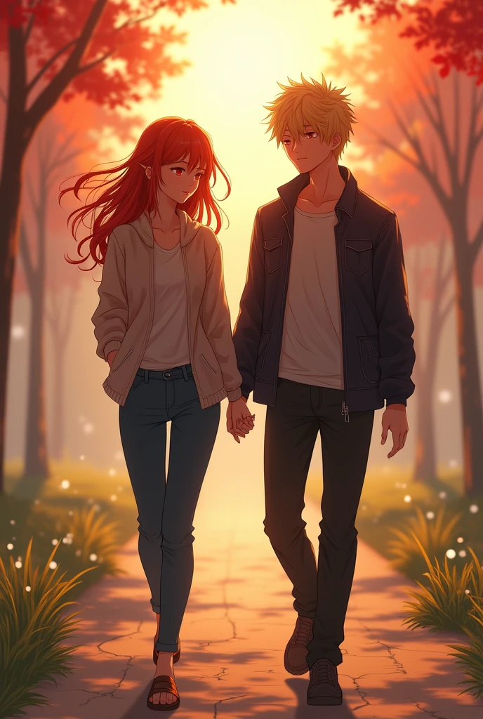 A beautiful woman with a warm appearance, sporting reddish-blonde ombre hair and crimson eyes, strolls casually alongside Katsuki Bakugo.