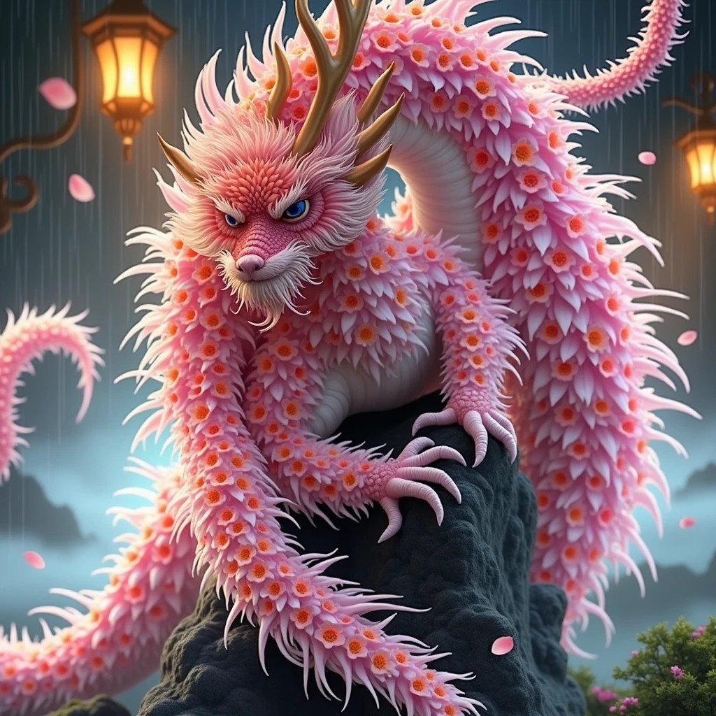 God-like quality, Godly Art, Huge Chinese dragon，Perfect claws，Made entirely of flowers,Flying in the air，Mountain，Mysterious Fog，rain，Mysterious atmosphere，Chinese painting style
