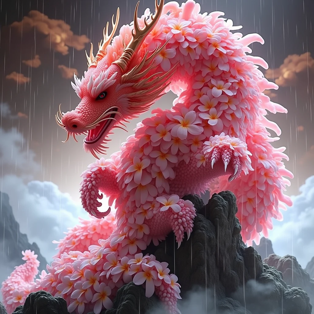 God-like quality, Godly Art, Huge Chinese dragon，Perfect claws，Made entirely of flowers,Flying in the air，Mountain，Mysterious Fog，rain，Mysterious atmosphere，Chinese painting style