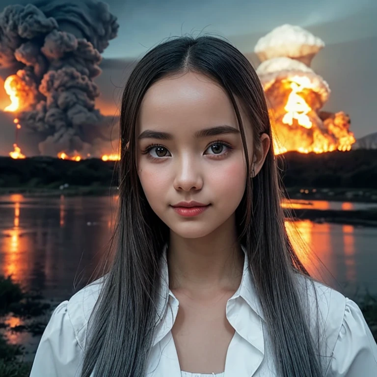masterpiece, exquisite, illustration, {beautiful and neat girl}, Beautiful and detailed halo, (The Fire of War: 1.2), (The nuclear explosion behind: 1.3), rain, detailed lighting, Detailed water, (Beautiful and detailed eyes: 1.1), inexpressive, palace, Sky blue hair, loose hair, long bangs, brows, (white and gray dress: 1.1), black ribbon, white bowtie, Upper abdomen, big forehead, blunt, flower, long sleeves
