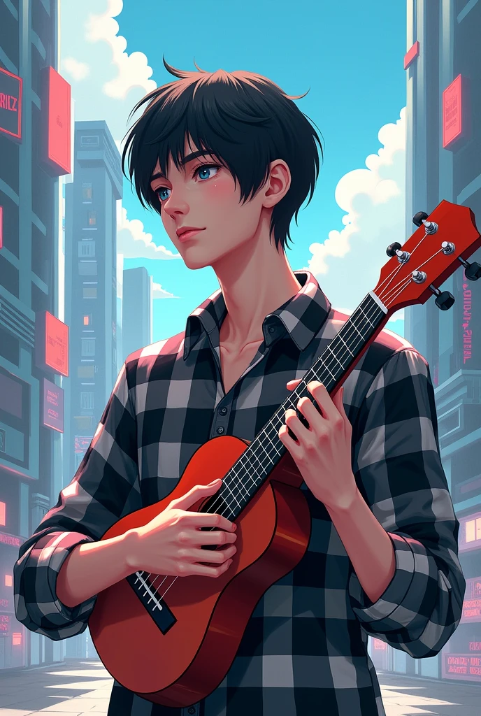AnythingElse V4, Man, holding a Ukulele, cheveux noirs, frange, chemise à carreaux noir et blanc, fond ville futuriste