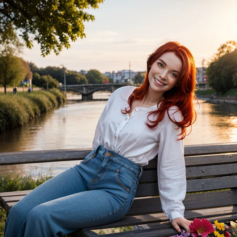 Digital art, (girl, red_hair, flowers, baggy jeans, White shirt, reserved smile, cute look), (Sitting on a bench, river in the background, golden hour),, by Daniil Suponitskiy jpegman