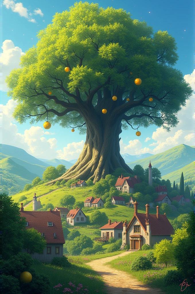 A picturesque village with rolling hills and a large, majestic tree at its center. The tree has sparkling leaves and glowing fruit. The background is a sunny day with clear blue skies.