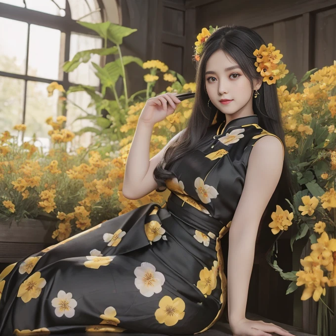 a beautiful girl in vintage colors aodai, masterpiece ,(Dye painting) ( Black+yellow 💛 color dress ) wrapped in a large flower print( flower silk ..... with ) best quality, realistic:1.3, street, cyberpunk, holding bundle of adubon sunlight, backlighting, (well pper Adhere to clear natural light hdr))full budy, big ass (Remove extra limbs, remove accurately) intricate scene, artstation, intricate details, vignettefulbudy(cartoon)
