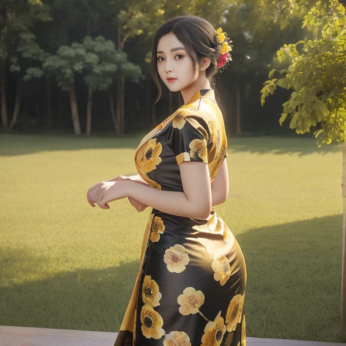 a beautiful girl in vintage colors aodai, masterpiece ,(Dye painting) ( Black+yellow 💛 color dress ) wrapped in a large flower print( flower silk ..... with ) best quality, realistic:1.3, street, cyberpunk, holding bundle of adubon sunlight, backlighting, (well pper Adhere to clear natural light hdr))full budy, big ass (Remove extra limbs, remove accurately) intricate scene, artstation, intricate details, vignettefulbudy(cartoon)