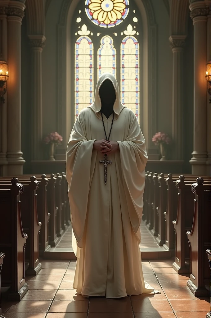 Draw a picture of Luang Pho wearing a white robe covering his entire body, with his face hidden. He should have a necklace that is not a cross. He is in a Christian church.