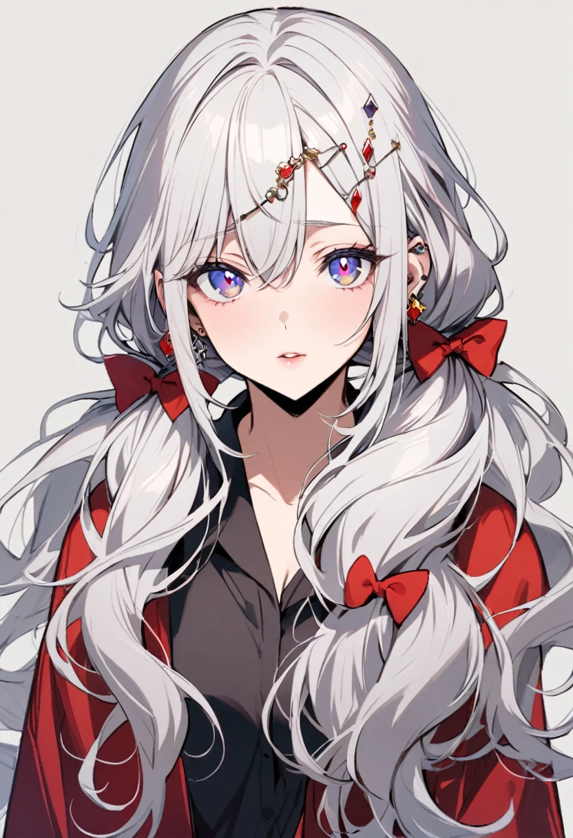 girl, mature, white hair, diamond earings, long hair, low twin tails, red bow on hair, two color eyes, one blue eye, one purple eye, adult. front face
