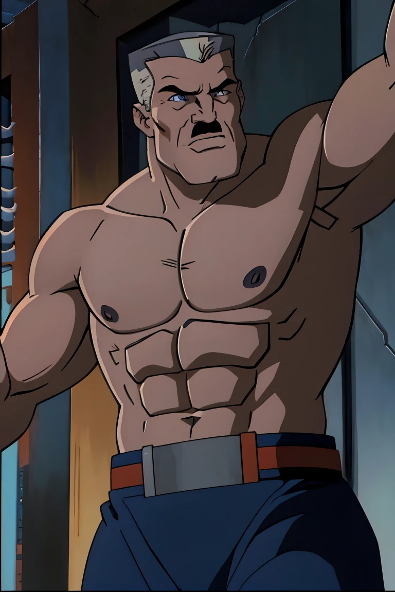 A shirtless man, john jonah jameson, muscular male figure, extremely detailed face and body, chiseled abs, strong jawline, piercing eyes, rugged and handsome features, dramatic lighting, cinematic pose, realistic skin texture, dramatic shadows, warm color palette, masterpiece, photorealistic, 8k, high quality