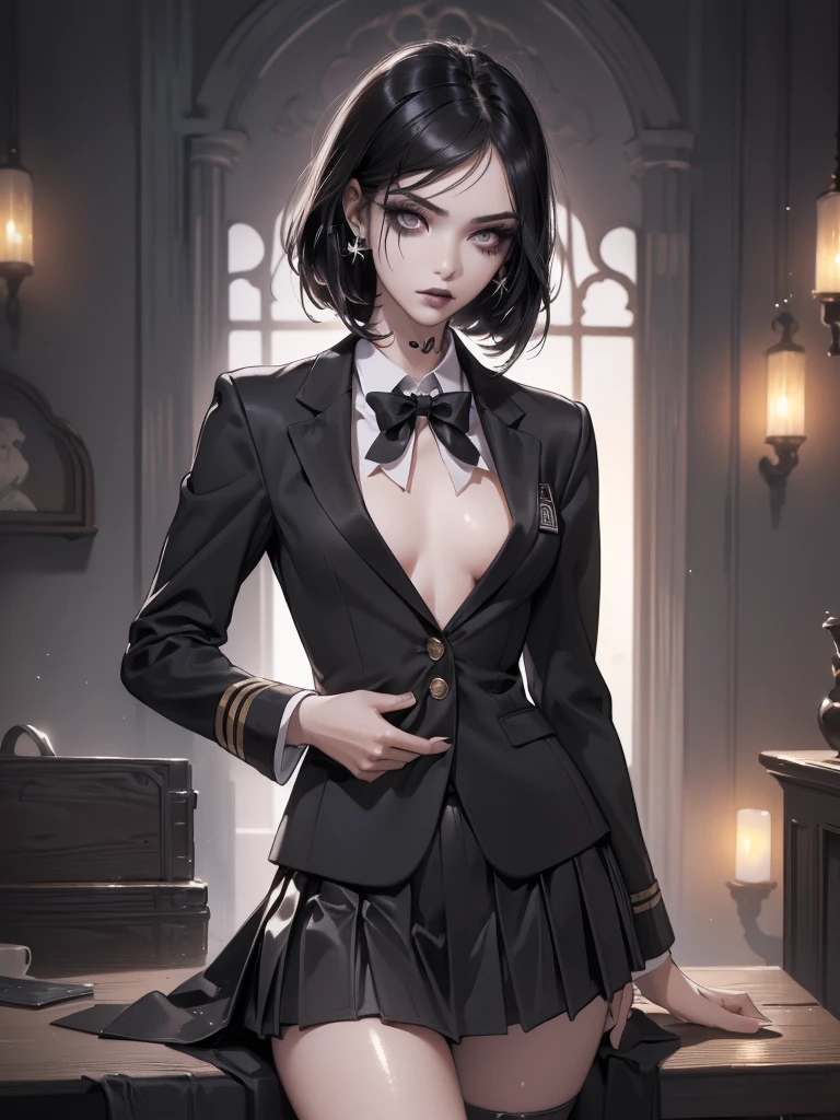 (best quality: 1.2), clean face, (masterpiece: 1.2, 8k) perfect anatomy, 1 girl) a beautiful fashion model ,(masterpiece, official art, best quality shiny hair, straight black hair with streaks in hair, full lips, small breasts, blazer school uniform, short skirt, thong straps, (dark makeup, piercings), shiny breasts,shiny skin, looking at viewer, college student, horizontal, lounging, a single girl, scene haircut, dark makeup, dark eyes, (slender, skinny, slight frame, small breasts), ((emo, scene))
