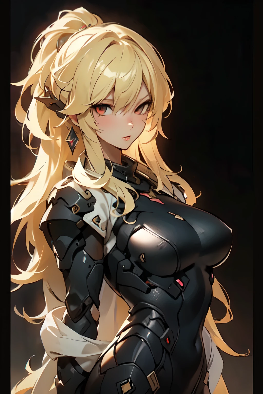 ((best quality)), ((Masterpiece)), (details:1.4), 3d, HDR (high dynamic range), amature woman, SLEEK Style, Blonde hair, Red eyes, จมูกโด่ง, ปากแดง, หน้าอกใหญ่, nvidia RTX, PBR surface, After processing, Anisotropic filtration,depth of field, Maximum clarity and clarity, multi-layered surface, Subsurface scattering, perfect proportions, 8K raw files, ความละเอียดสุดยอด, Unreal 5, Perfect proportions, Octane Render, Two-tone lighting, Wide aperture, รายละเอียดดวงตา, Holy Knight, Heavy Black armor, jewely, ต่างหู