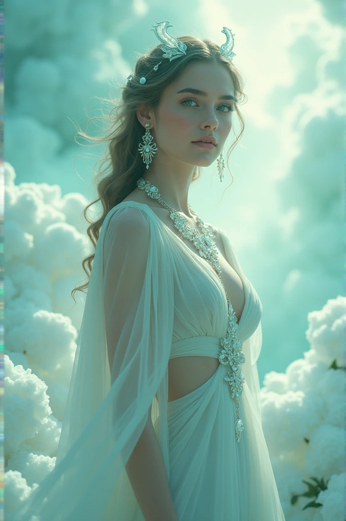 Emphasizing the combination of mint-colored cotton candy clouds, beautiful transparent jewelry, glow from jewelry, a full-body shot of the beautiful goddess of hope, mysterious, mysterious lighting, harmony of fog filters, white, mint, silver, full shot, detail, artwork, deep gaze high definition