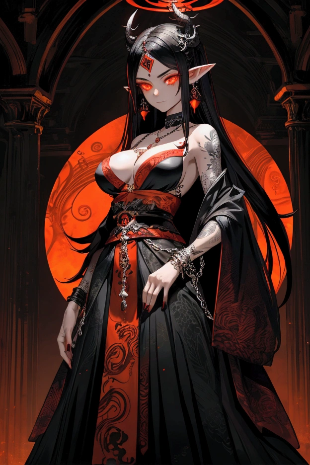 A dragon girl, she has black very long hair, red and orange eyes. Looked like mavukia from Genshin impact. Has black clothing. Japanese’s clothing that’s all black. Very night eyes, glowing eyes. Lots of silver jewelry, so much jewelry. Waist beads,braclets, necklace, earings, hip jewelry, head jewelry, cabin crown. Elf ears, dragon girl, fire. Black hair, dark black and red hair. Black and red tattoos that glow. Large breast, very kind yet has a mysterious demeanor.
her outfit is lacy. Her tattoos that are glowing eliminate the dark room she’s standing in. It looks to be a throne room, obviously abandoned. She has a pleasant and kind expression on her face.