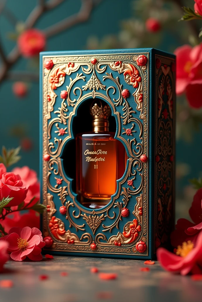 Make a perfume box packaging of theme Indian culture mughal art 