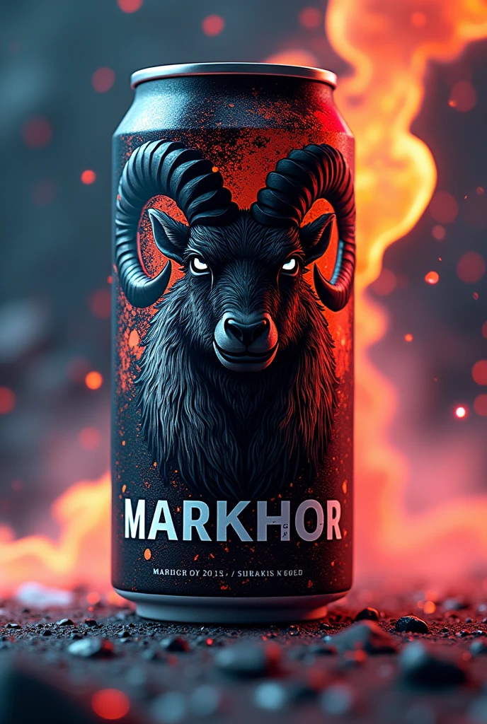 Create me an energy drink can design with brand name markhor and markhor head black and white logo