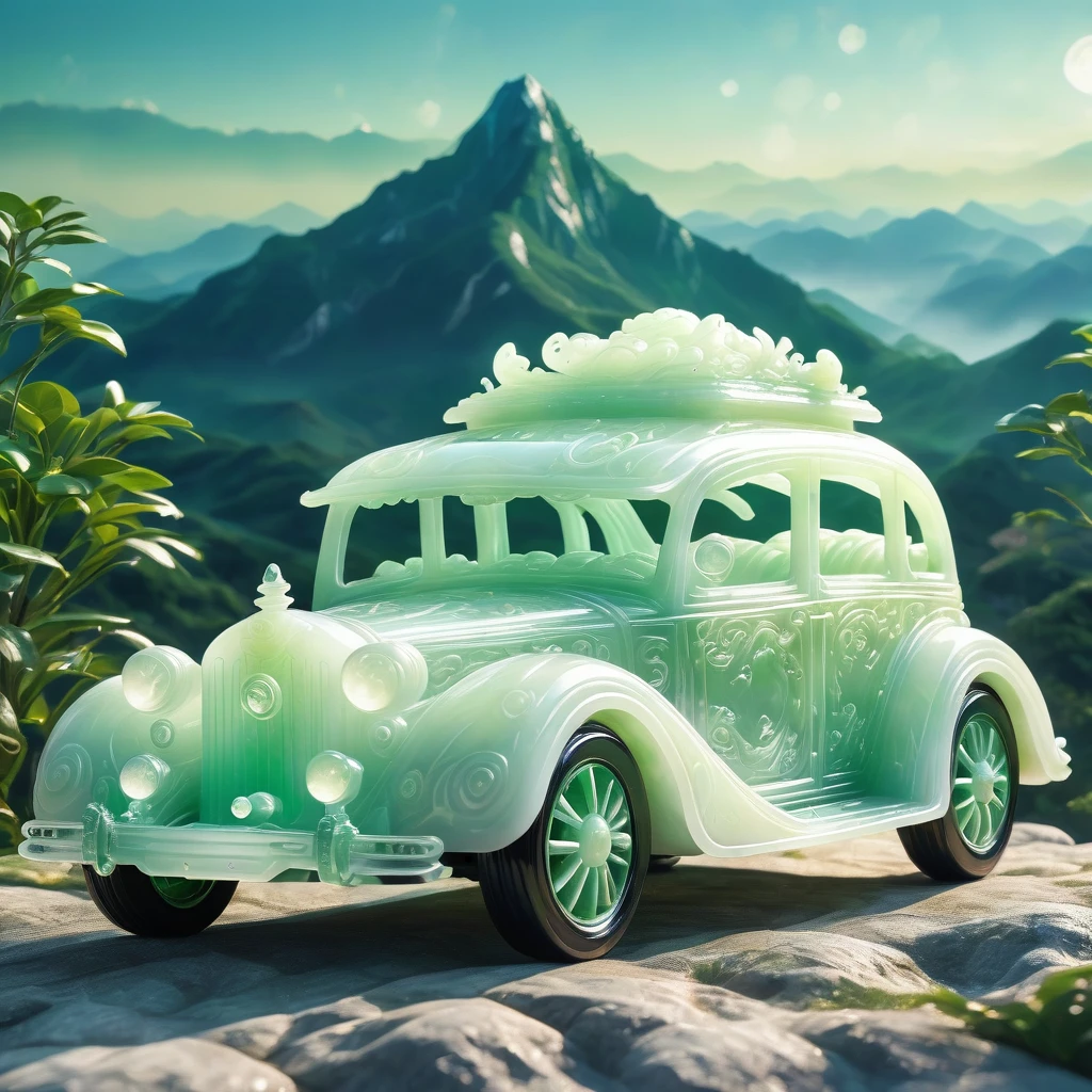 best quality, very good, 16K, ridiculous, Very detailed, Giant glowing car,Made of translucent white jadeite, Background mountain top((A masterpiece full of fantasy elements))), ((best quality)), ((Intricate details))(8K)