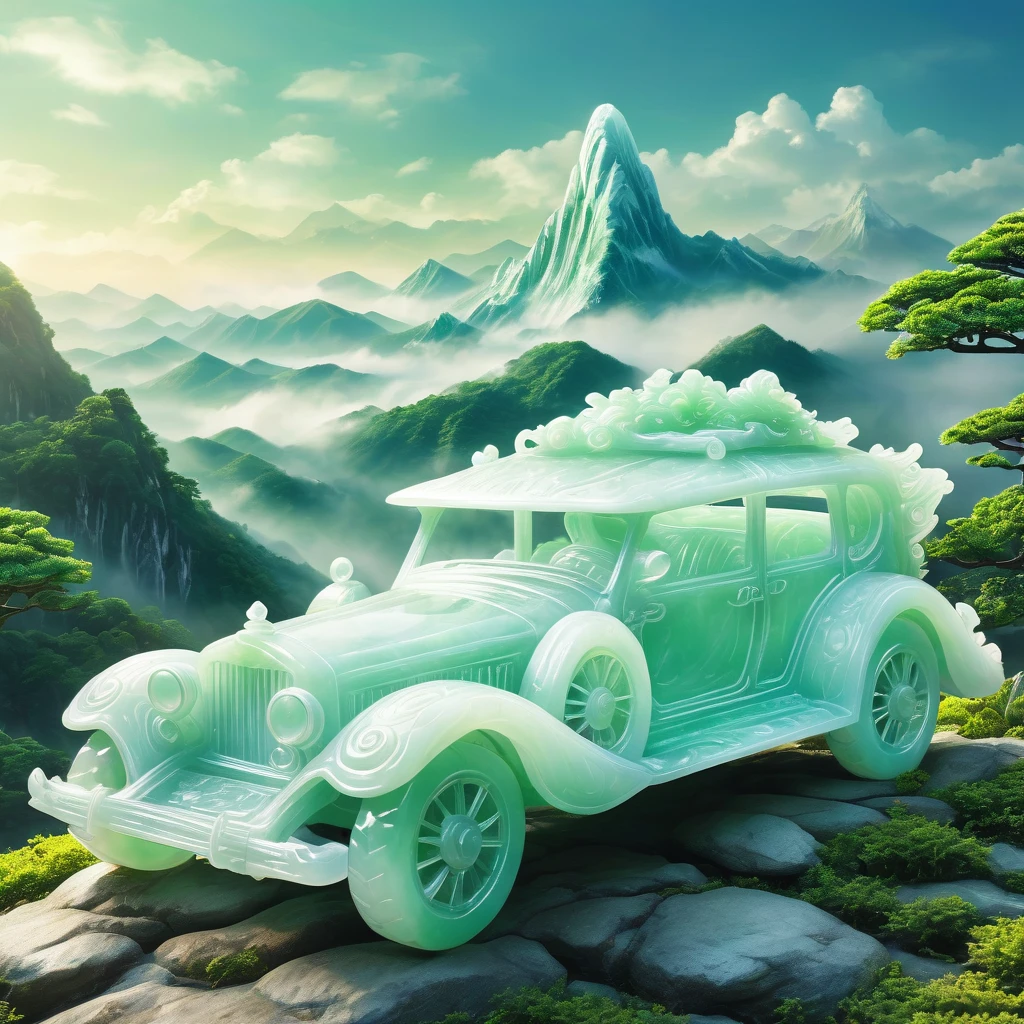 best quality, very good, 16K, ridiculous, Very detailed, Giant glowing car，Made of translucent white jadeite, Background mountain top（（A masterpiece full of fantasy elements）））， （（best quality））， （（Intricate details））（8K）