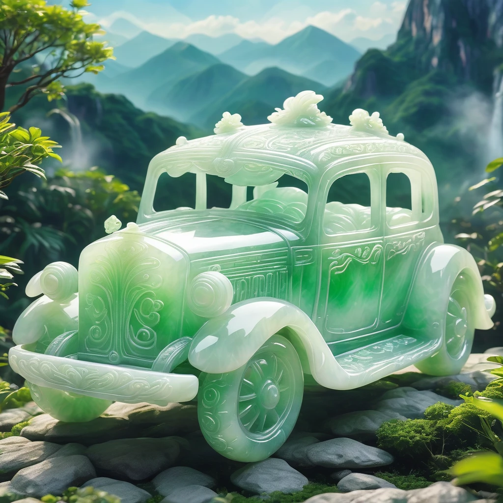 best quality, very good, 16K, ridiculous, Very detailed, Giant glowing car,Made of translucent white jadeite, Background mountain top((A masterpiece full of fantasy elements))), ((best quality)), ((Intricate details))(8K)
