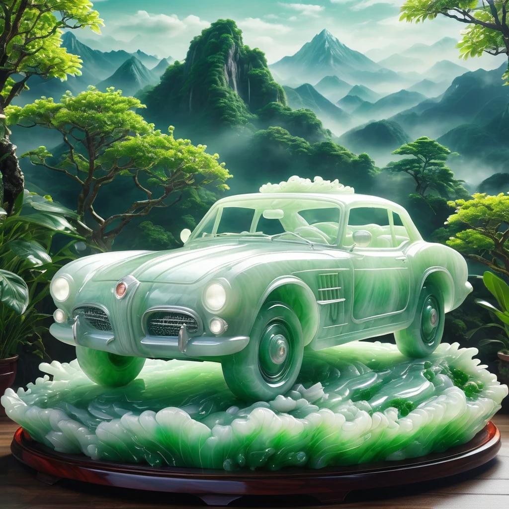 best quality, very good, 16K, ridiculous, Very detailed, Giant glowing car,Made of translucent white jadeite, Background mountain top((A masterpiece full of fantasy elements))), ((best quality)), ((Intricate details))(8K)