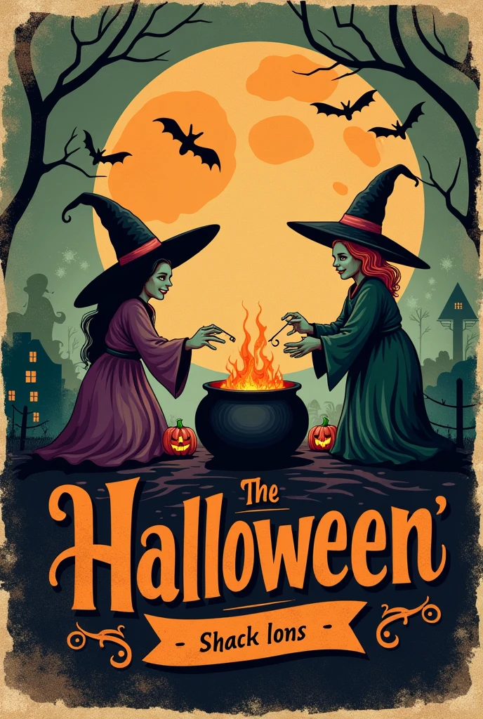 Design a poster with a retro Halloween theme, incorporating vintage illustrations of witches, jack-o’-lanterns, and classic horror movie elements. Use an old-fashioned typeface and muted colors to give it a nostalgic feel.