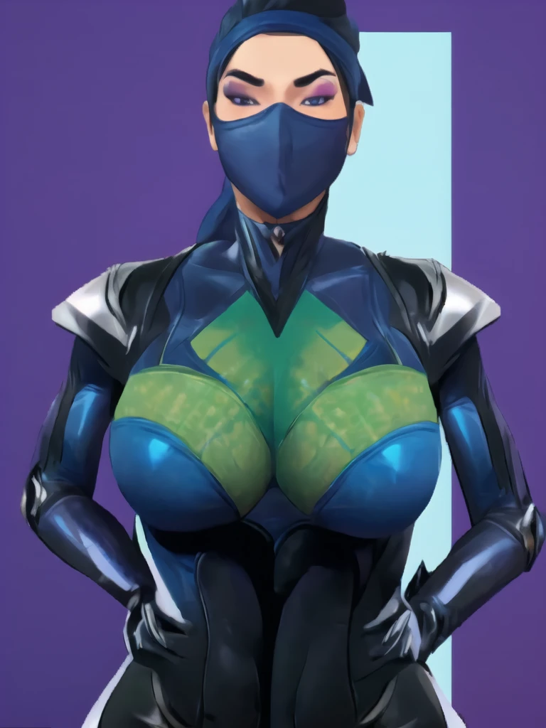 Bowei, kitana, 1girl, upper body, slim body, slim thighs, bodysuit, detail eyes, ninja mask , solo, lips, blue bodysuit , looking at viewer, simple background, gloves, black background, mole under mouth, eyeshadow, hands on hips, blue bodysuit,leather, latex, purple lips, 8k detailed,