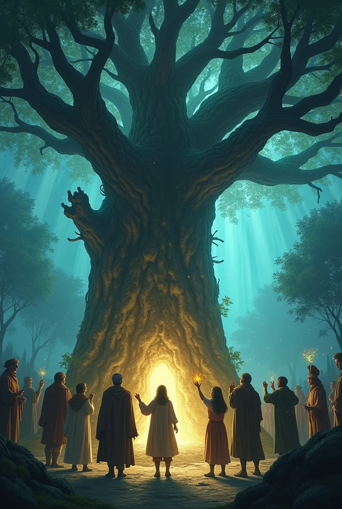 A group of curious villagers standing around the Magic Tree. Some are reaching out to touch its trunk, while others are discussing in amazement. The tree glows softly, with magical sparkles in the air.