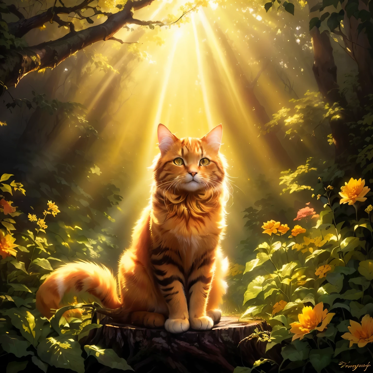 painting of a cat sitting on a tree stump in a forest, cat in the forest, warrior cats fan art, rays of sunshine, golden sunlight, golden light, in rays of sunlight, golden rays, radiating golden light, warrior cats, majestic light, sunny amber morning light, bathed in golden light, golden morning light, golden rays of sunlight, ginger cat