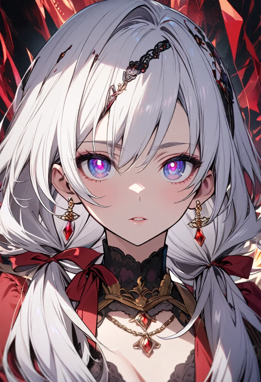 girl, mature, white hair, diamond earings, long hair, low twin tails, red bow on hair, two color eyes, one blue eye, one purple eye, adult. front face