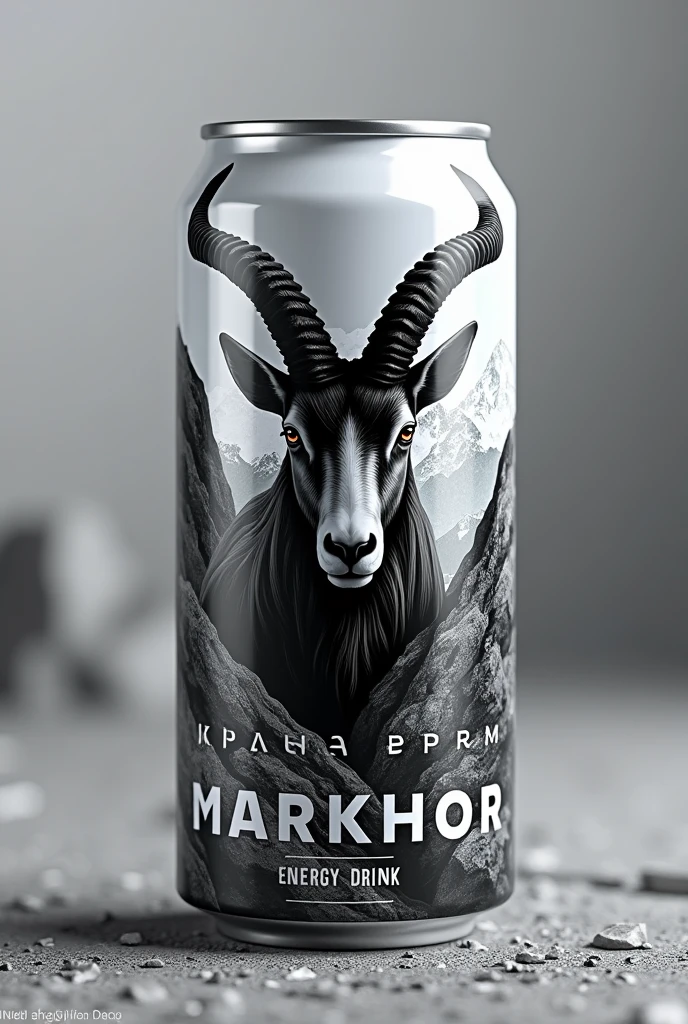 Create me an energy drink can design with brand name markhor and markhor head black and white logo