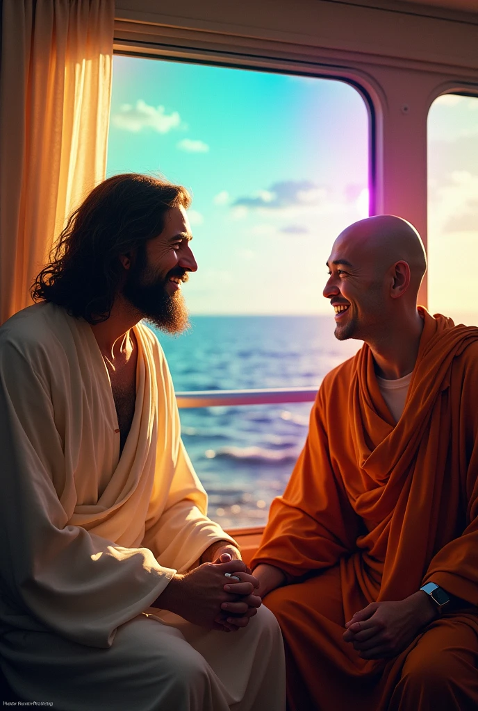 Jesus Christ and Buddha on a train. They are having fun and laughing. they are shining. Surrounded by rainbow-colored light. Jesus of Nazareth is depicted as a gentle, gentle man with shoulder-length hair. His wavy brown hair cascades over his shoulders. His face conveys deep wisdom and empathy, radiating warmth and understanding. The other man is depicted as a kind-hearted Japanese man with a Buddha-like shaved head and a gentle, cheerful expression. The Japanese man's face conveys deep wisdom and empathy, exuding warmth and understanding. You can see the wide ocean from the train window. Christ is pointing out the window. Photography, close-up, highly detailed, trending at the art station, sharp focus, studio shot, intricate details, Greg Rutkowski,