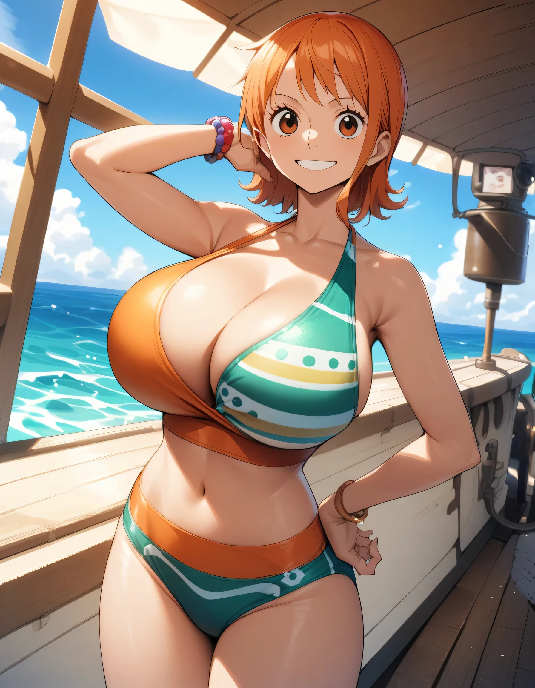 One person、Nami、one piece、Big Breasts、smile、Ocean、Are standing、Big Breasts、looking at the camera、On the boat、Swimwear、