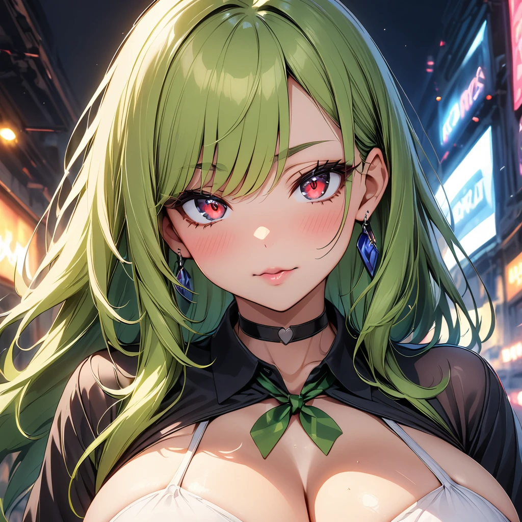 score_9, score_8_up, score_7_up, score_6_up, score_5_up, 1girl, solo, green hair, straight hair, long hair, red eyes, glowing eyes, sultry eyes, juicy lips, plump lips, soft blush, dolly face, eyelashes, natural eyebrows, eyeliner, curvy, large breasts, thick ass, pale skin, black choker, earrings, black latex dress, standing sexily, random background, cinematic lightning, very detailed clothes, very detailed face, very detailed eyes, very detailed hair, ultra, best quality, masterpiece, looking at viewer, in love with the viewer, closed mouth.