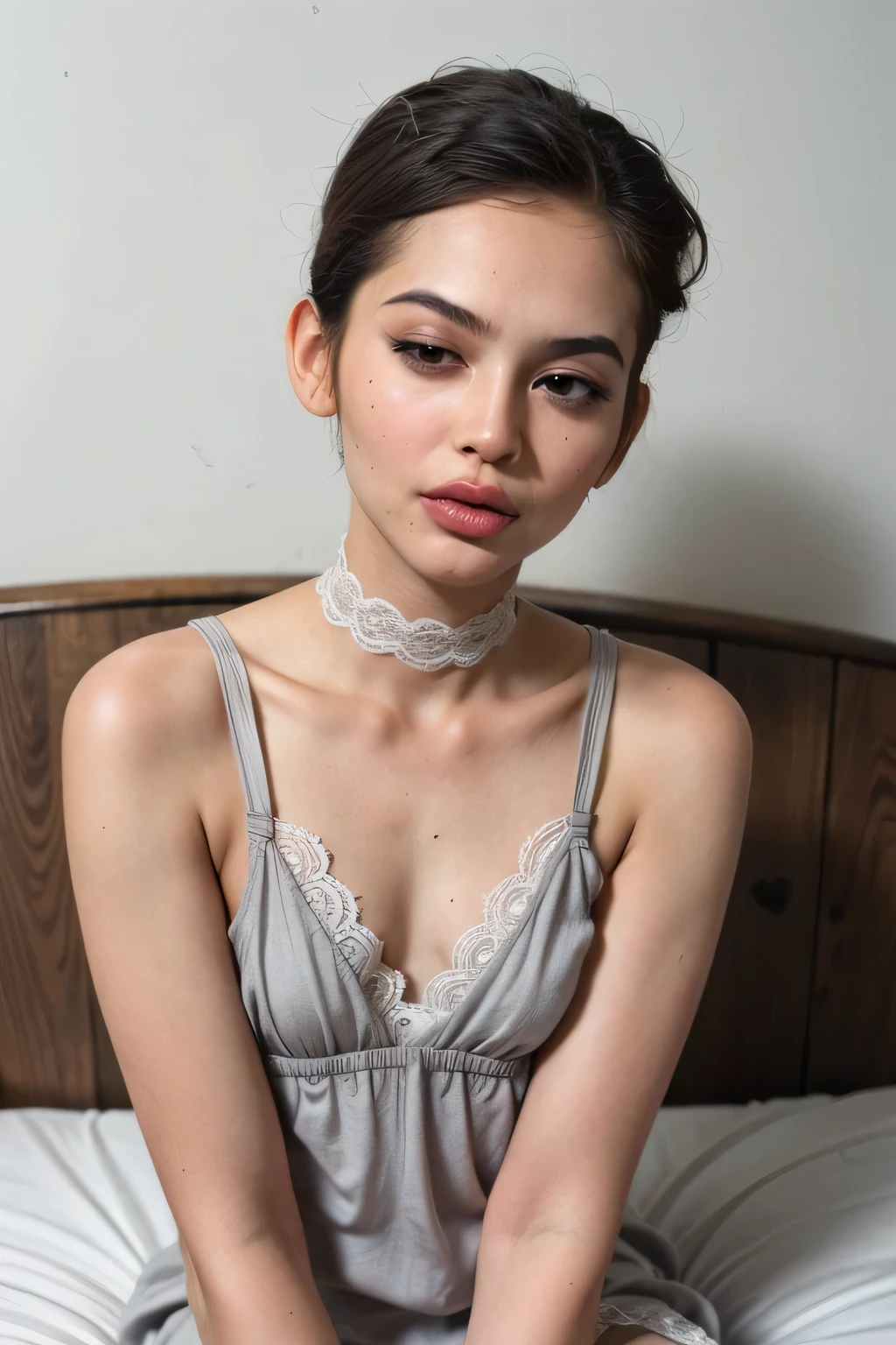(((Naked Tiny Breasts))), Leopard pattern, ((4x-UltraSharp)), ((SMALL HEAD)), ((NECK LACE)), Spread, ((SLEEPING LIE DOWN FEMBOY)), (((SAD FACE EXPRESSION:1.1)), ((NECK LACE)), ((GOTHIC EYELASHES & LIPS)), ((LIPS)), ((MEN'S STYLE SHORTHAIRCUT)), adorable, 1 girl, (face to face), , baby face, happy, half body portrait, (face details: 1), (eye details: 1), ((tiny breasts)). ((Lace V-neck ice silk suspender nightdress)), ((net stockings)), lingerie ((red lips)), lie down (((LIGHT GREY NAKED)))