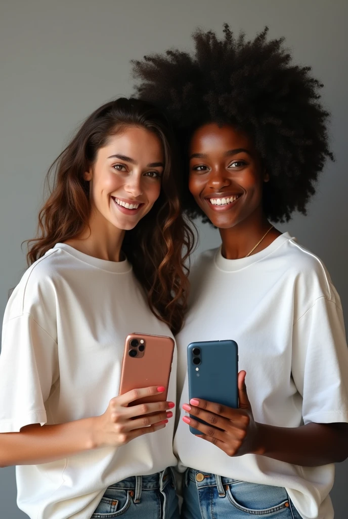 8k, photo realist, one french woman with brown hair and a black woman with aphro hair, wearing large t-shirts, content creator on instagram, looking te camera, they are showing the back of their phones