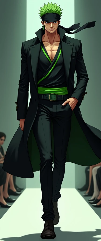 An illustration of the character Roronoa Zoro strutting down a fashion runway. He is wearing an elegant black outfit with green details and a black bandana on his head. The illustration is created by the artist behind JoJo's Bizarre Adventure, using their original style and color palette. The scene is captured with a Nikon D850 paired with a 70-200mm f/2.8E FL ED VR lens, ensuring stunning clarity and rich details. The lighting is dramatic, with spotlights highlighting Zoro's confident pose and the intricate details of his outfit. The aspect ratio is 9:21, emphasizing the vertical composition
