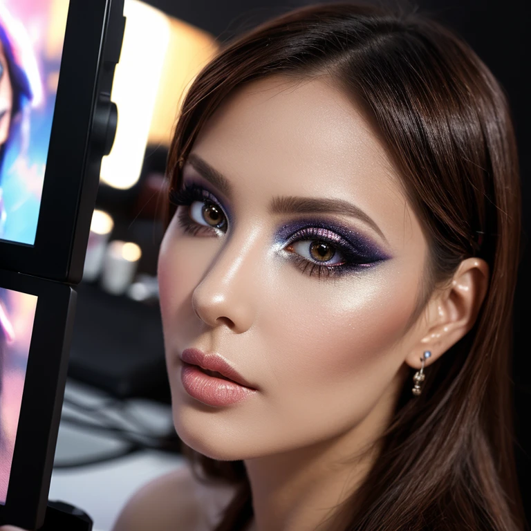 A makeup artist does makeup for celebrities.,(masterpiece:1.2), Best quality, masterpiece, a high resolution, original, extremely detailed wallpaper, perfect lighting,(extremely detailed computer graphics:1.2),