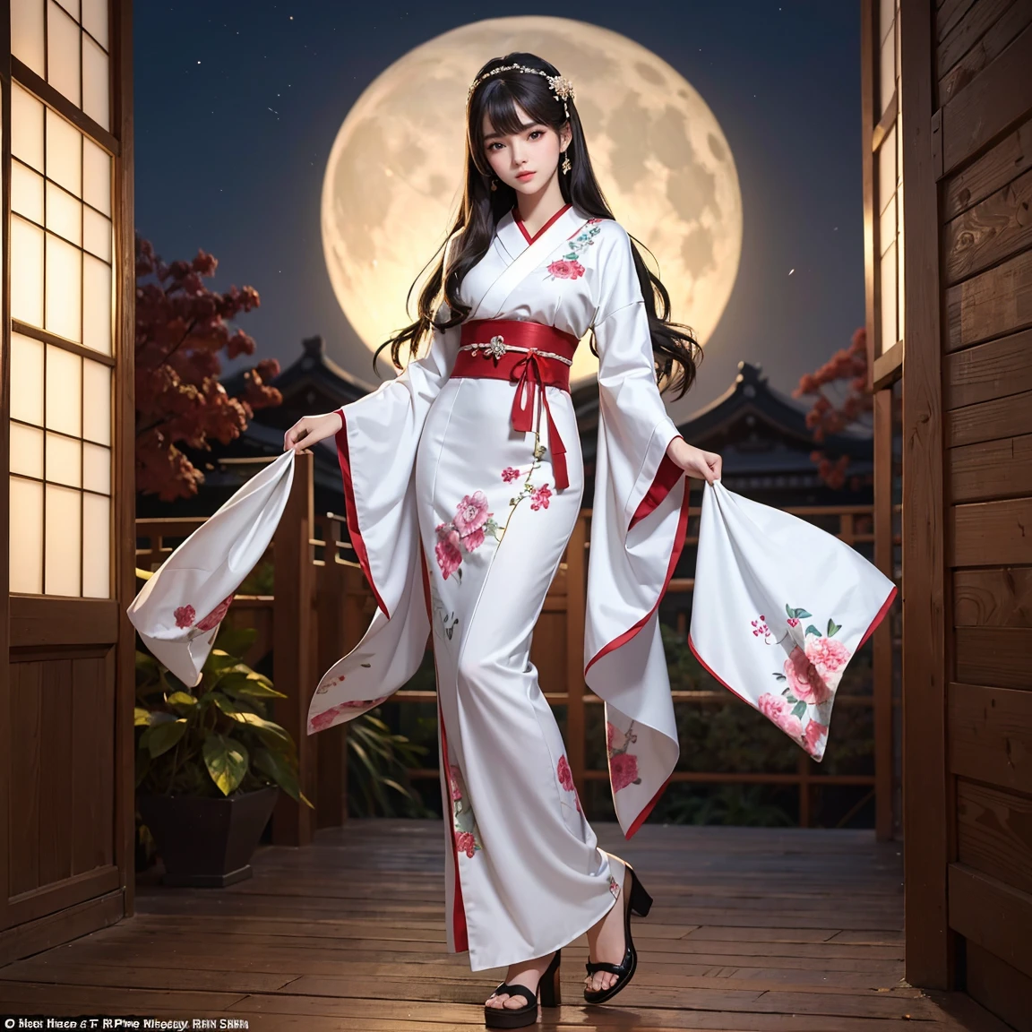 (masterpiece, best quality), ultra detailed, high resolution, 16k, the most beautiful face in the world, perfect face, delicate facial features, highly detailed beautiful face and eyes, shiny skin, highly detailed background, elaborately designed, fine cloth texture, perfect anatomy, BREAK, (gorgeous and stunning teenage girl in Japanese clothes:1.3), perfect make-up, deeply in love, full of elegance, ideal body, floral, moon, solo, (full body:1.5)