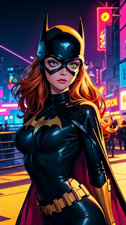 (1girl, batgirl), (extremely detailed CG unit 8k wallpaper),(master part), (best quality), (ultra detail), (best illustration),(lora:80'sFusion:0.6), cowboy shot, (Sharp eyeliner, ombre, detailed eyes:1), midnight, neon light city background, ,break , (neon_pop art style), green eyes, domino mask, helmet, orange hair, lips, long hair, bodysuit, solo, cape, 