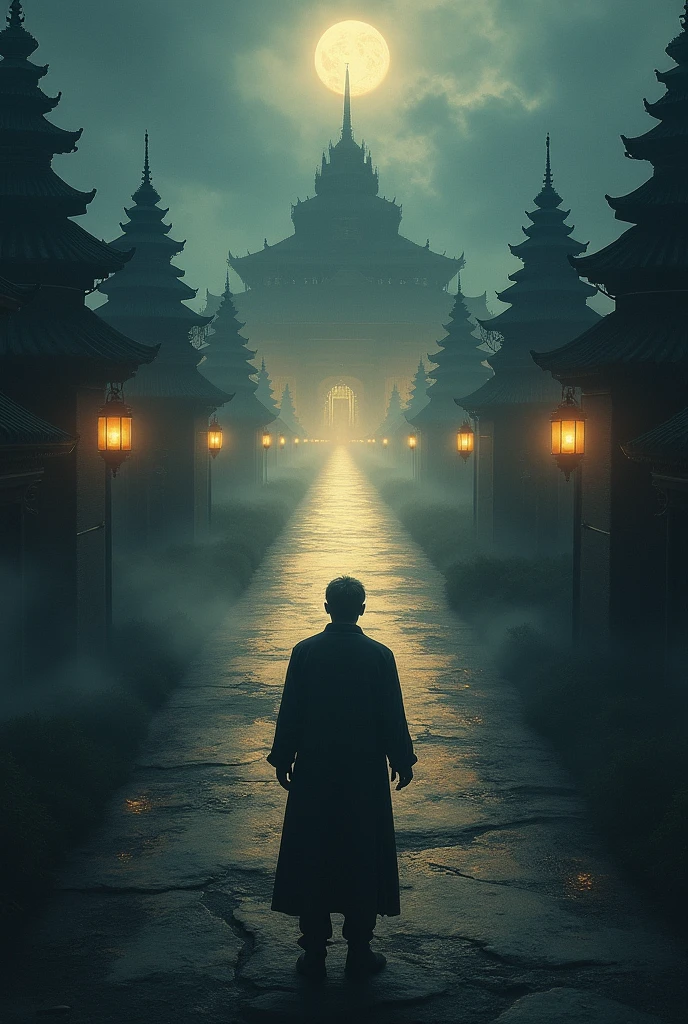 An image showing two different paths where a man is taking the dark path, and the other path leads to temples