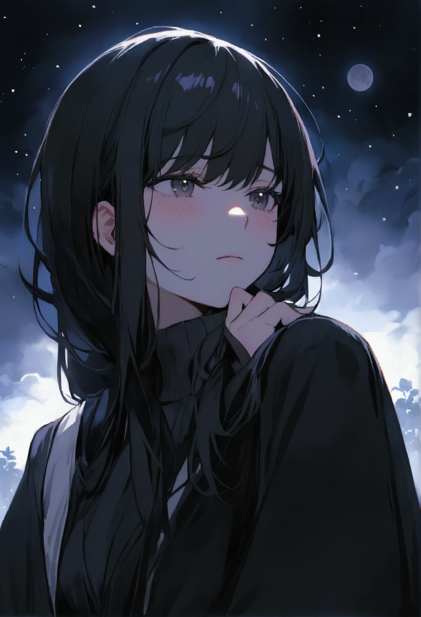 A girl,with long black hair,reflecting a lack of emotions on his face,watching the moon