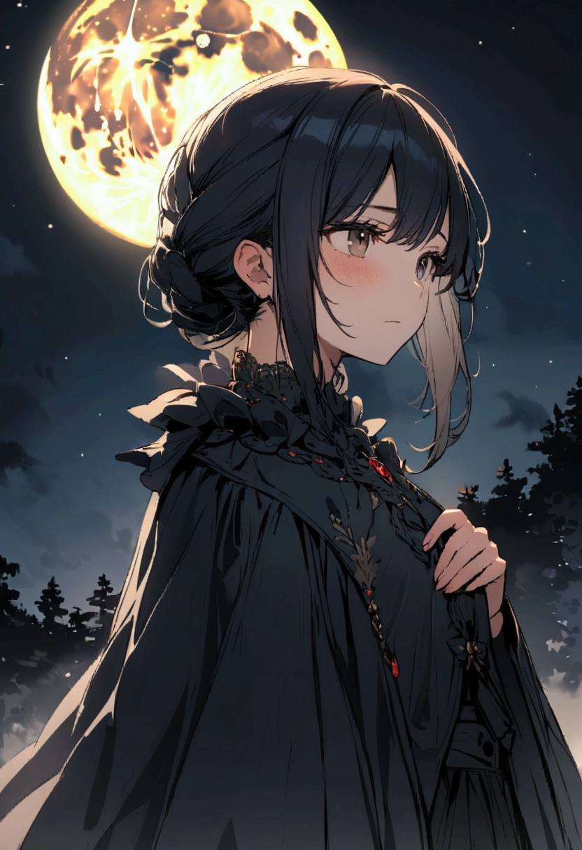 A girl,with long black hair,reflecting a lack of emotions on his face,watching the moon