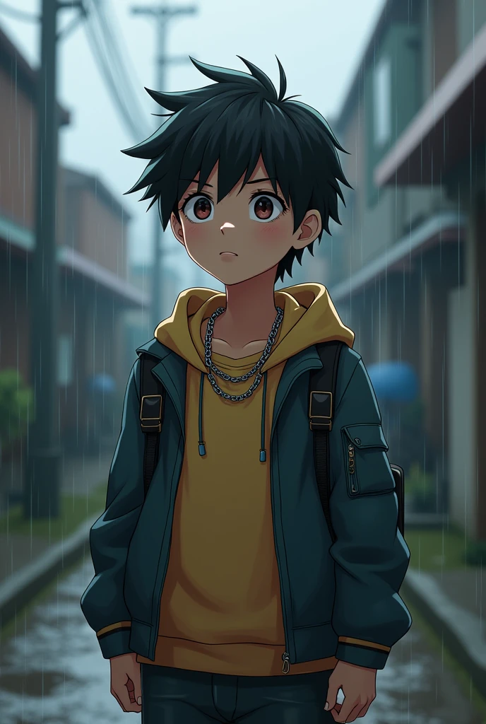 1 boy, jacket, rain, outdoor, Sweatshirt, open jacket, chain, Backpack, Look at the other, Hair split in the middle, Tanned skin, Boy gender, Boy Focus, Trend at Artstation, 8K resolution, Very detailed, Anatomically correct, Clear images, number, Concept Art, A popular trend on pixiv, Shinkai Makoto style,