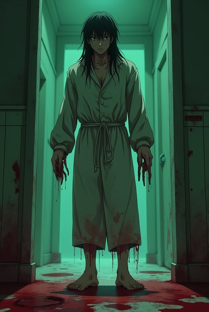 This image needs to be anime, a man wearing a straitjacket that is very long and goes down to his feet. It's stained with blood and dirt, it's your hands, it has claws on each of its five fingers. He has light brown skin, he's visibly scared, and his black hair is so long it reaches his feet. He's not wearing shoes and he has a white belt around his waist. The place he's in is an asylum with green lighting and this abandoned asylum is completely covered in blood.