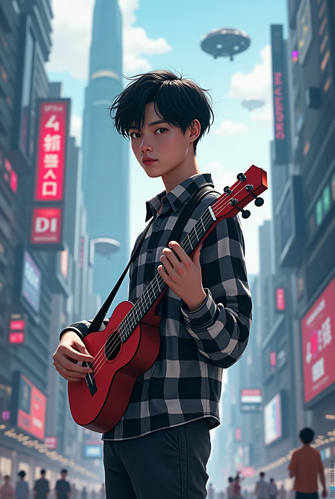 AnythingElse V4, homme de couleur marron clair , holding a Ukulele, cheveux noirs, frange, chemise à carreaux noir et blanc, fond ville futuriste,