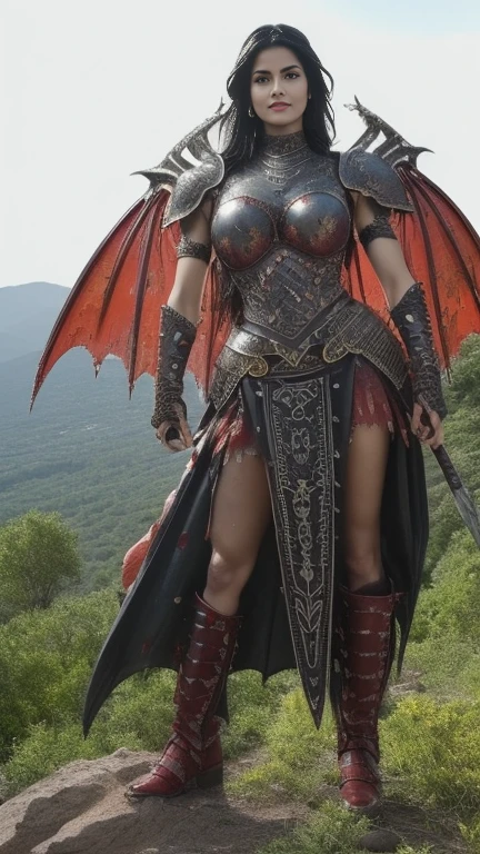 (masterpiece, top quality, best quality, official art, beautiful and aesthetic:1.2), (1girl:1.3), ((Sharp facial features, sharp features, hawkish features)), ((pale skin, orange eyes, big hair, long black hair, ponytail)), extremely detailed, portrait, looking at viewer, solo, (full body:0.6), detailed background, full-body shot, (hot desert mountain theme:1.1), chaos warrior, (spiky helmet), charlatan, smirk, mysterious, swaying in mountains, armor, red metal, brass trim, long boots, blood red fabric, pelvic curtain, loincloth, black leather, ((((dragon wings, spear, heavy armor, blood, blood splatter, armored, gigantic breasts, long legs, pelvic curtain, toned, muscular)))), cute belly button, toned tummy, slim waist, slim hips, long legs, medieval (mountain exterior:1.1) background, dark mysterious lighting, shadows, magical atmosphere, dutch angle
