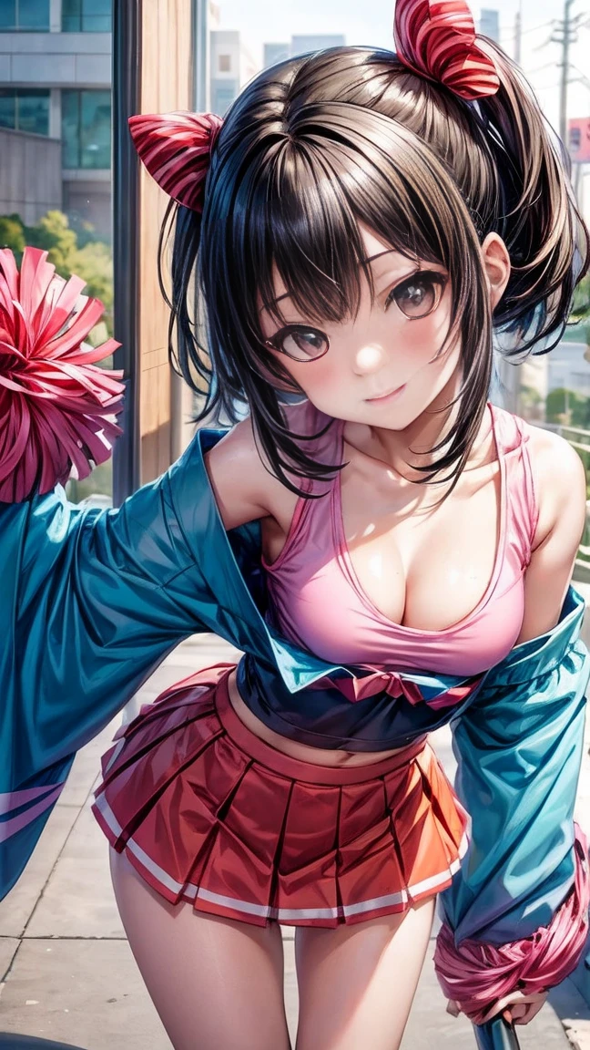 Japanese schoolgirl, Kiddie,Neon-colored cheerleader cosplay,No sleeve, (smile:0.7), Suggestive,(Hair Black hair:1), Cleavage, (Small breasts)