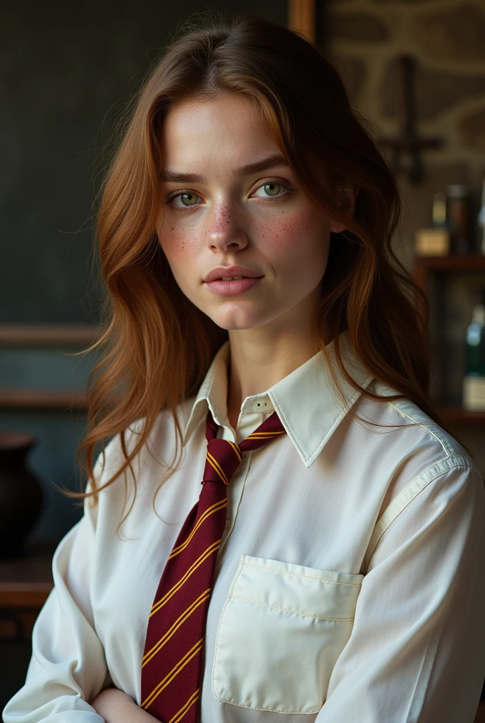 Very pretty 17 year old girl with chestnut brown hair, toffee brown eyes, pale skin, and freckles. Dressed in long-sleeved white button-up shirt and Gryffindor tie. Background of Potions classroom. Realistic detailed lifelike photograph