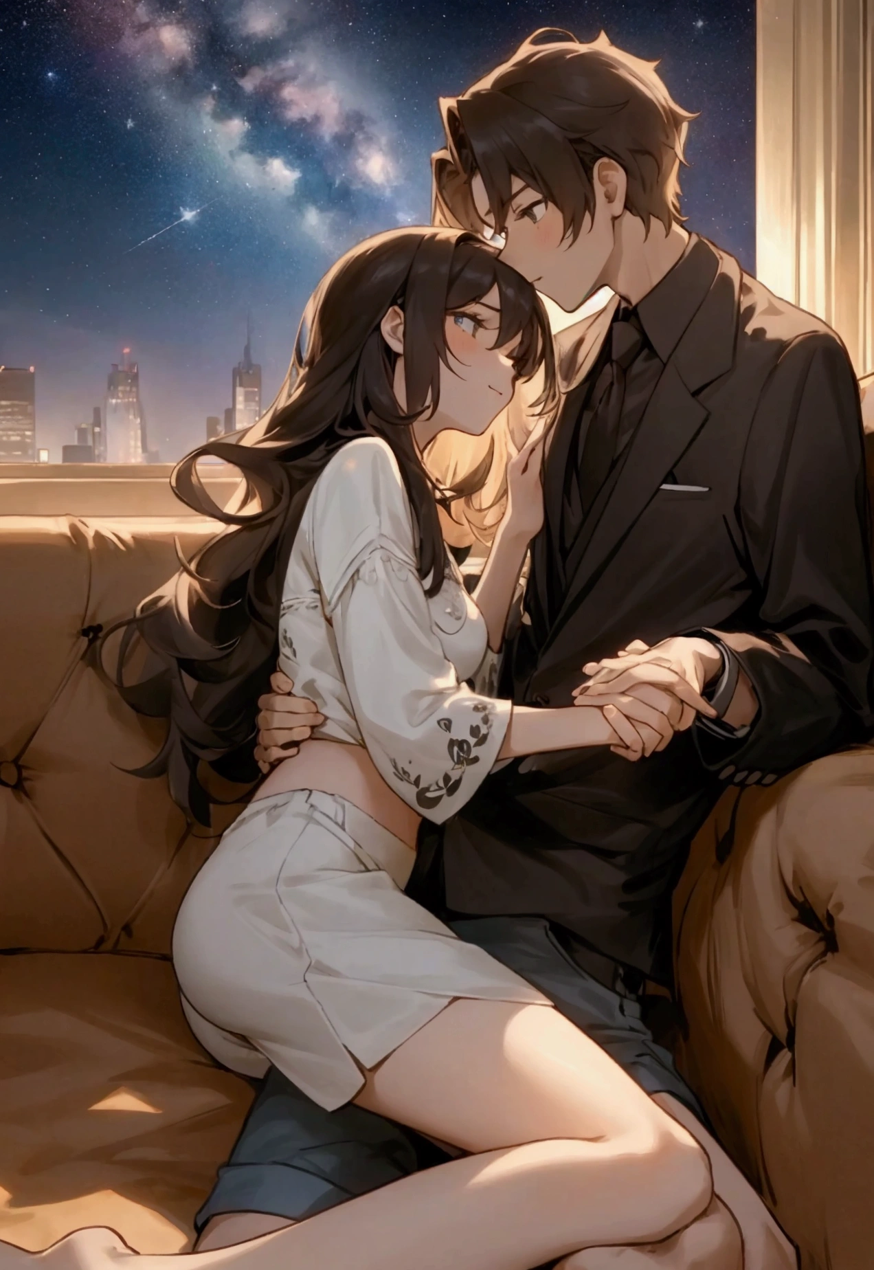 A young woman and a man are lying on a couch, embracing each other. A pair of warm hands caressing, one hand is under the shirt, the other - on the stomach. The girl looks at her brother with interest and boldness, while the guy looks at her with excitement. At the bottom you can see the buttocks of the girl in short shorts, which emphasizes her femininity. On the background it's possible to see a bright evening sky with many stars. The scene is surrounded by a romantic and warm atmosphere that further highlights the erotic undertone of the image.