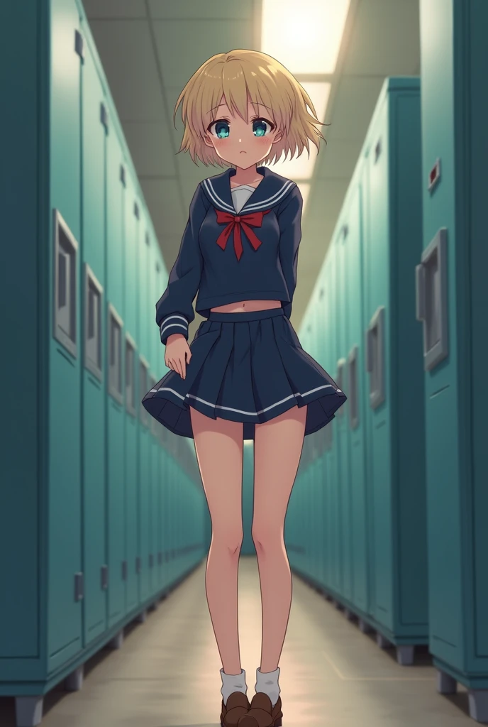 (((Perfect Anatomy, Anatomically correct, Ultra-dense skin))), 1 person, Japanese, high School girl, Glowing Skin, Looking at the audience, ((Rear View, From below)),
Beautiful Hair, Beautiful Face, Beautiful and beautiful eyes, (short hair:1.1, Bobcut:1.2), Dark blonde hair:1, blue eyes, Baby Face, Mole under the eye,
Beautiful clavicle, Beautiful body, Beautiful breasts, Big Breasts:0.5, Beautiful thighs, Beautiful legs, Camel Toe,
((Short sleeve, Cute sailor uniform, all in dark blue, Dark blue pleated skirt, Navy blue sailor collar, Sailor scarf, socks, Brown Loafers)), Captivating thighs, (Red Slave Collar),
((Embarrassing, I was scared, sad, Mouth half open)), Are standing, (((Leaning forward), Take off, Raise one leg, Pull on white panties)),
(Beautiful views), summer, School, locker room,
8k, Highest quality, masterpiece:1.2, Very detailed), (Realistic), Beautiful illustrations, Natural light, whole body,