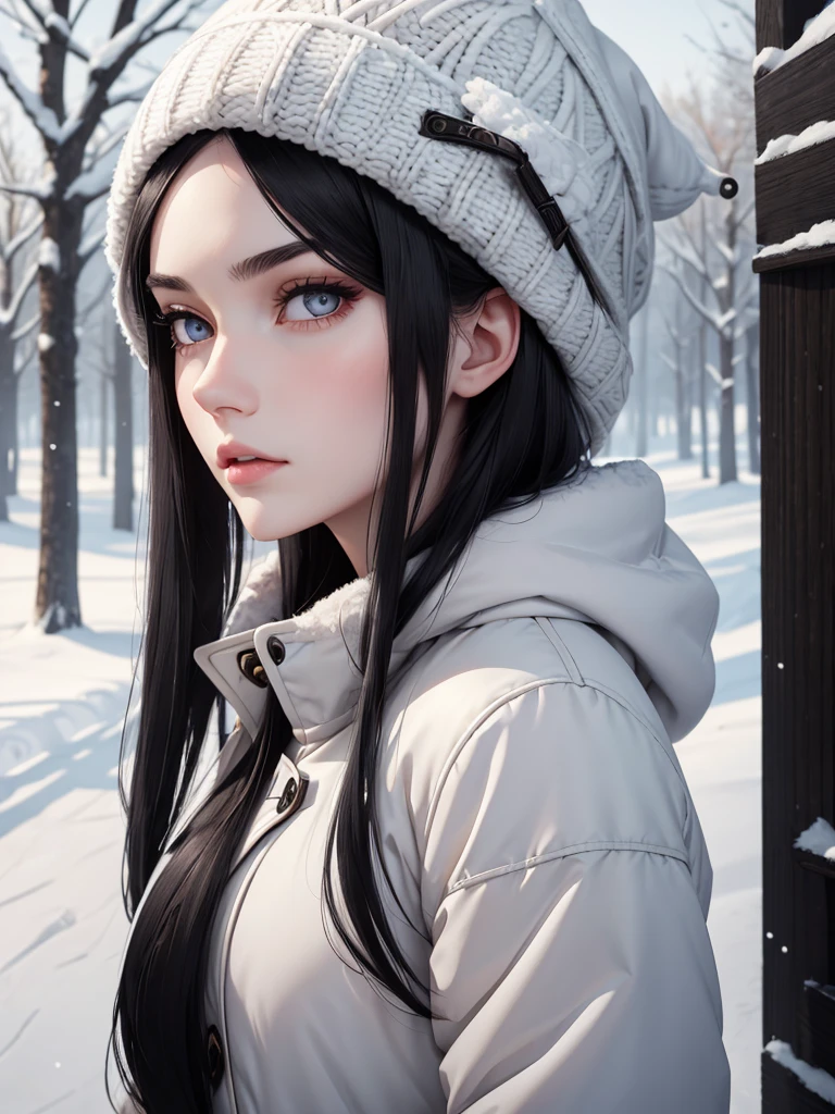 (best quality), 1girl, female, pale skin, (black hair), long hair, straight hair, grey eyes, perfect eyes, winter hat, winter coat, elegant, serious, normal bust, masterpiece, anatomically correct, highres